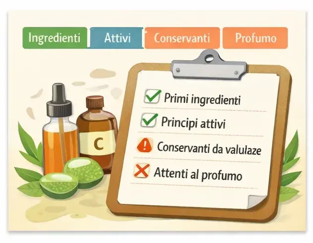 Checklist visiva per leggere meglio l’INCI di una crema viso: primi ingredienti, attivi, conservanti e profumo