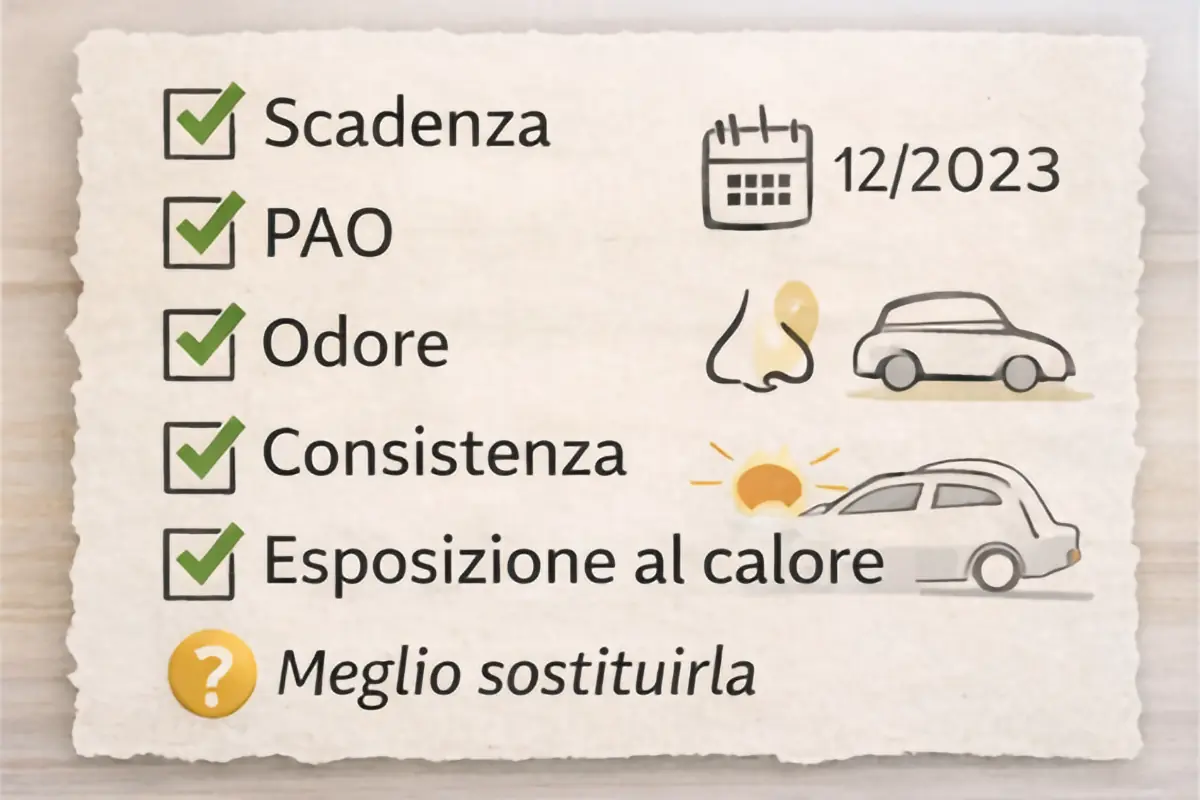 Checklist illustrativa su protezione solare dell’anno scorso, scadenza, PAO e segnali di alterazione