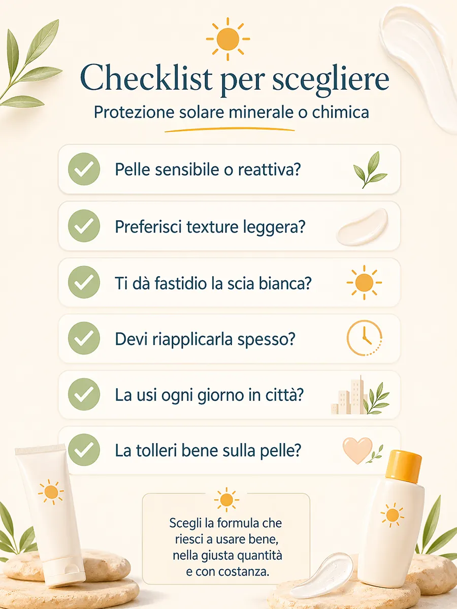 Checklist pratica per scegliere tra protezione solare minerale e chimica