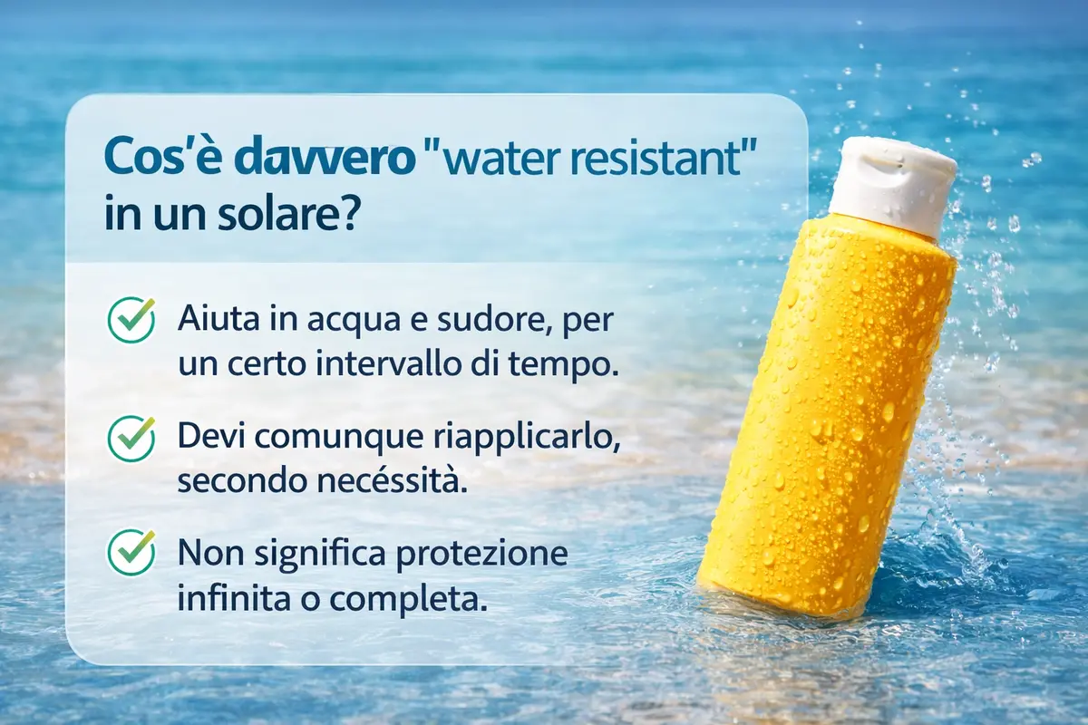 Checklist visiva su protezione solare water resistant: acqua, sudore, riapplicazione e durata reale