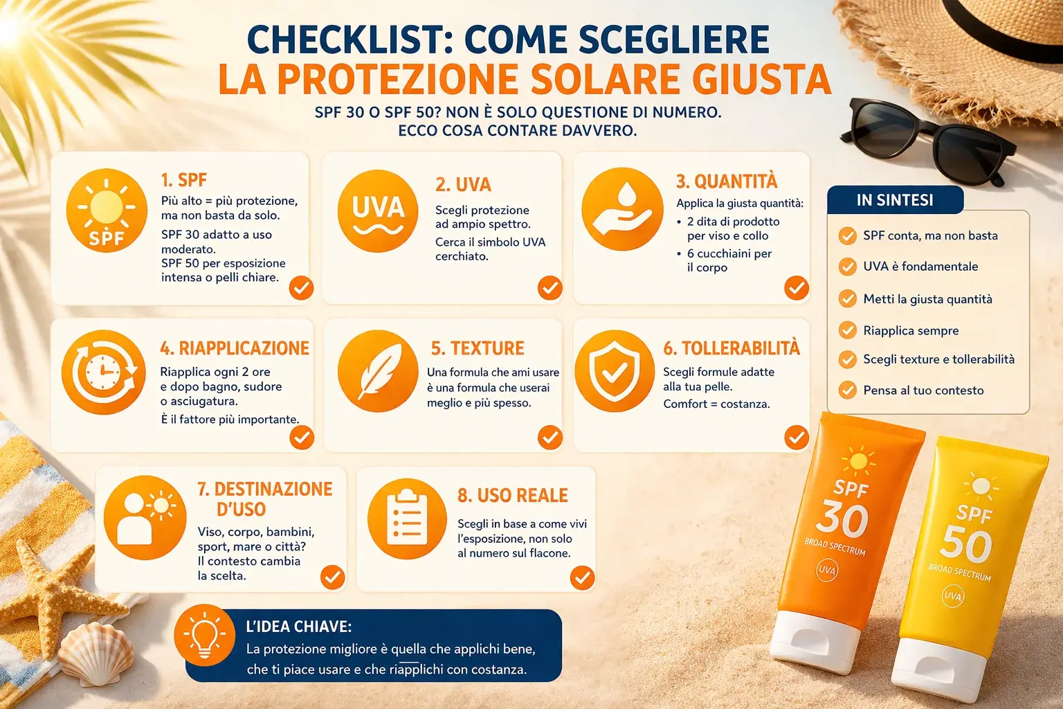 Checklist pratica per scegliere meglio una protezione solare: SPF, UVA, quantità, riapplicazione e tollerabilità