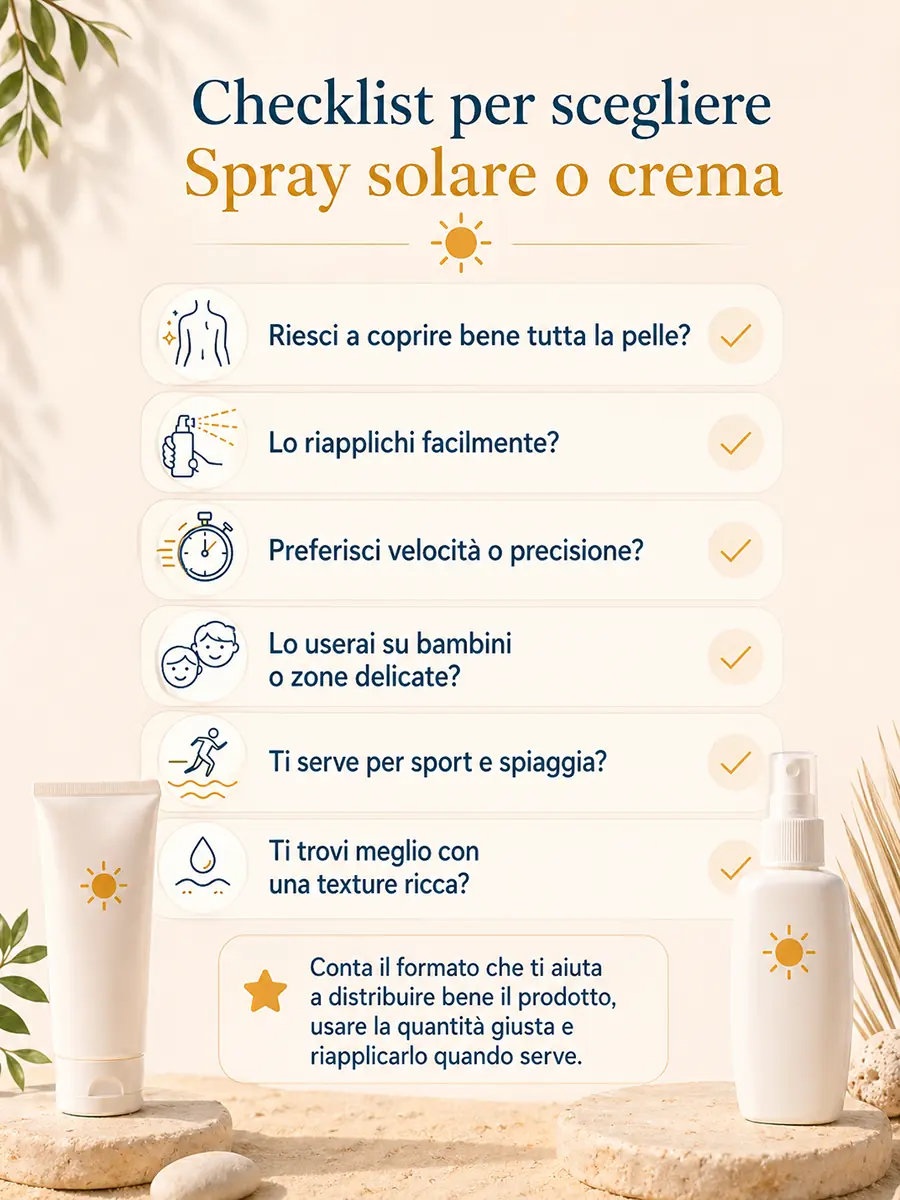 Checklist pratica per scegliere tra spray solare e crema