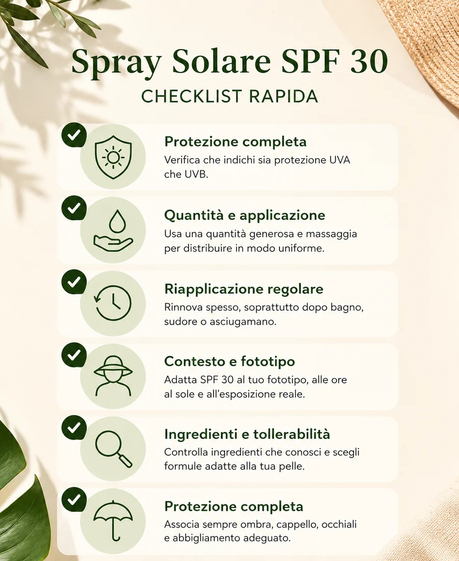 Checklist pratica per usare correttamente uno spray solare SPF 30