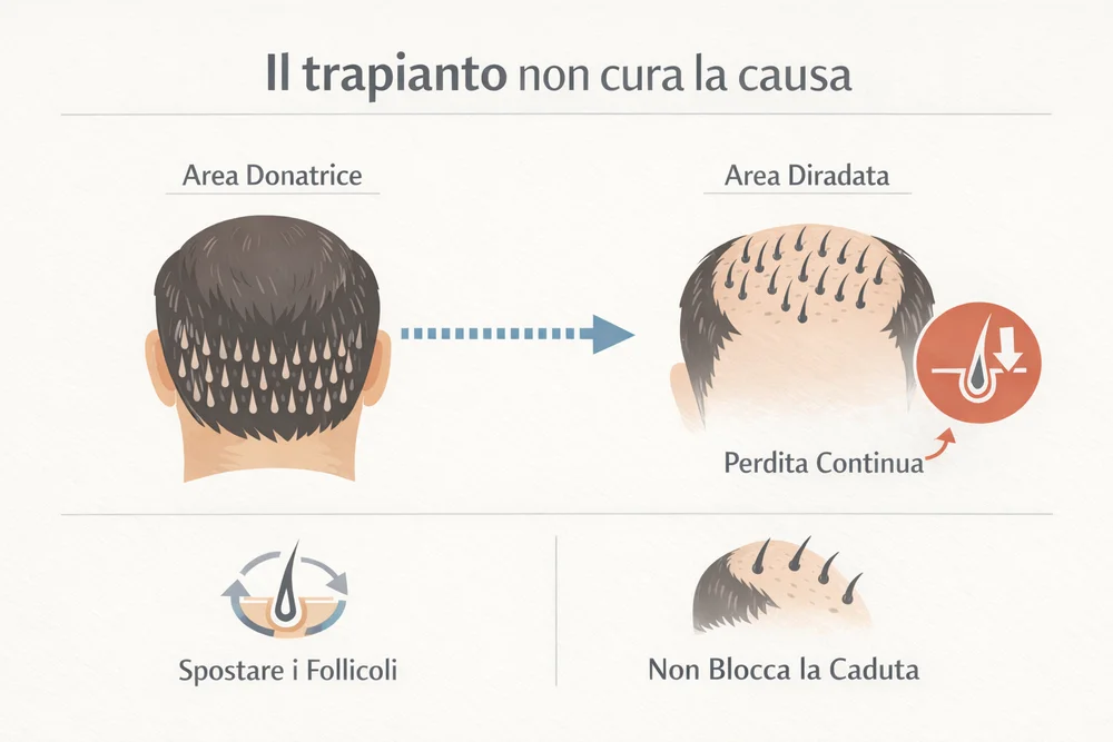 Il trapianto di capelli sposta follicoli ma non cura la causa della caduta