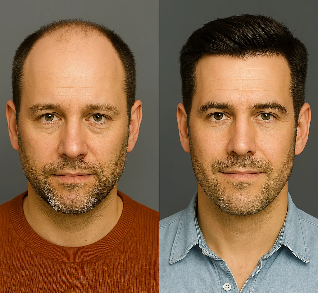 Prima e dopo trapianto di capelli con ridefinizione dell’attaccatura frontale