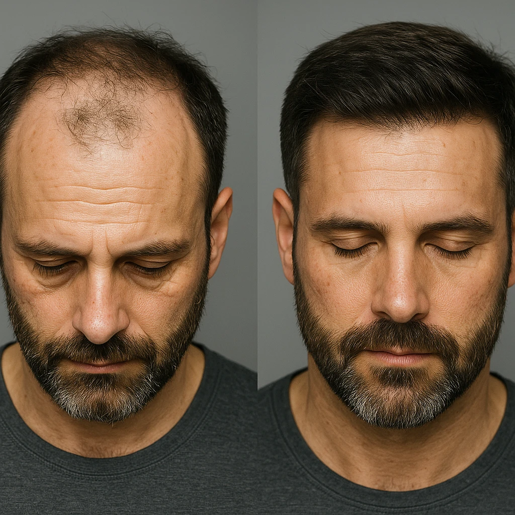 Prima e dopo trapianto di capelli con riduzione del diradamento nella zona superiore