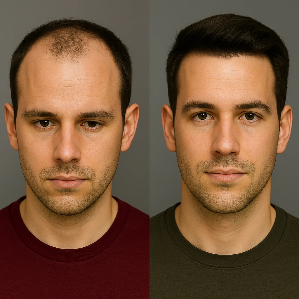 Prima e dopo trapianto di capelli in uomo giovane con recupero visivo dell’area frontale